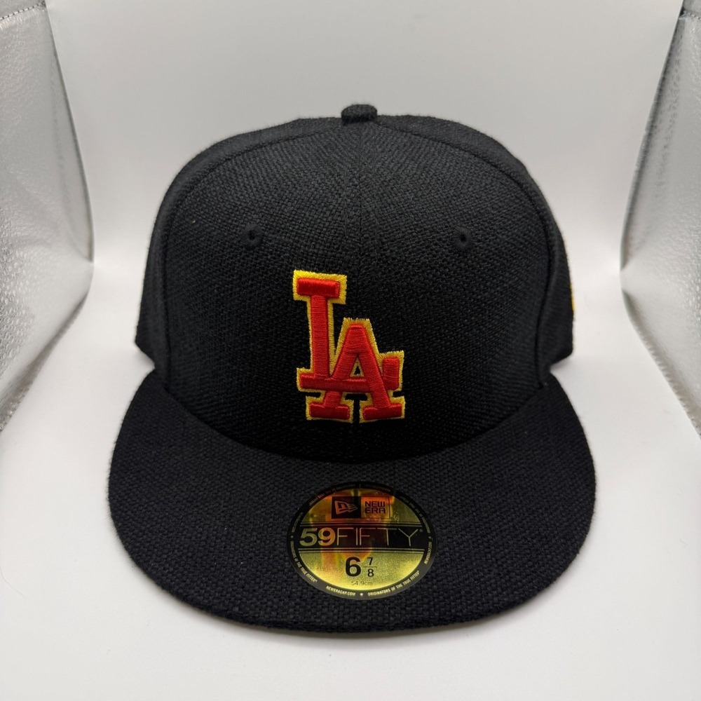 New Era 59Fifty Los Angeles Dodgers Black/Red‎ & Yellow Denim Hat Size 6 7/8